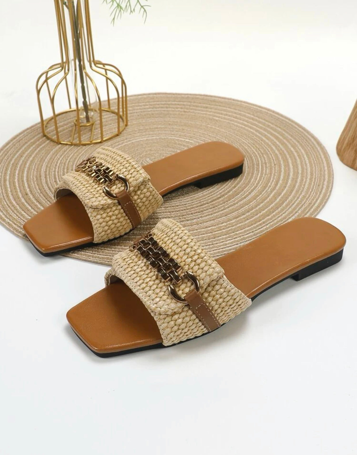 Chain decor braided detail slide sandals