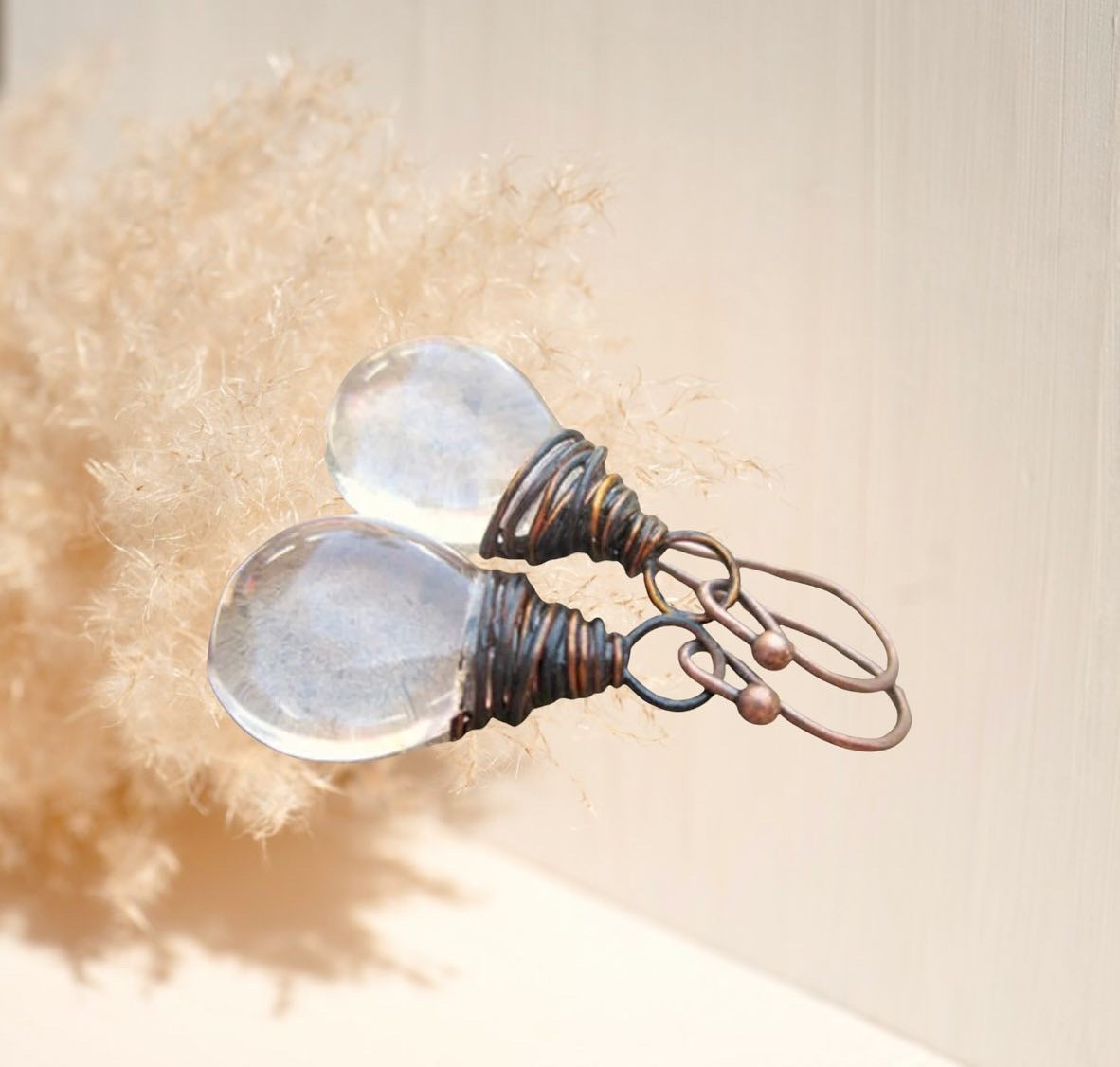 Clear Glass Dangle Oxidized Copper Wrapped earrings