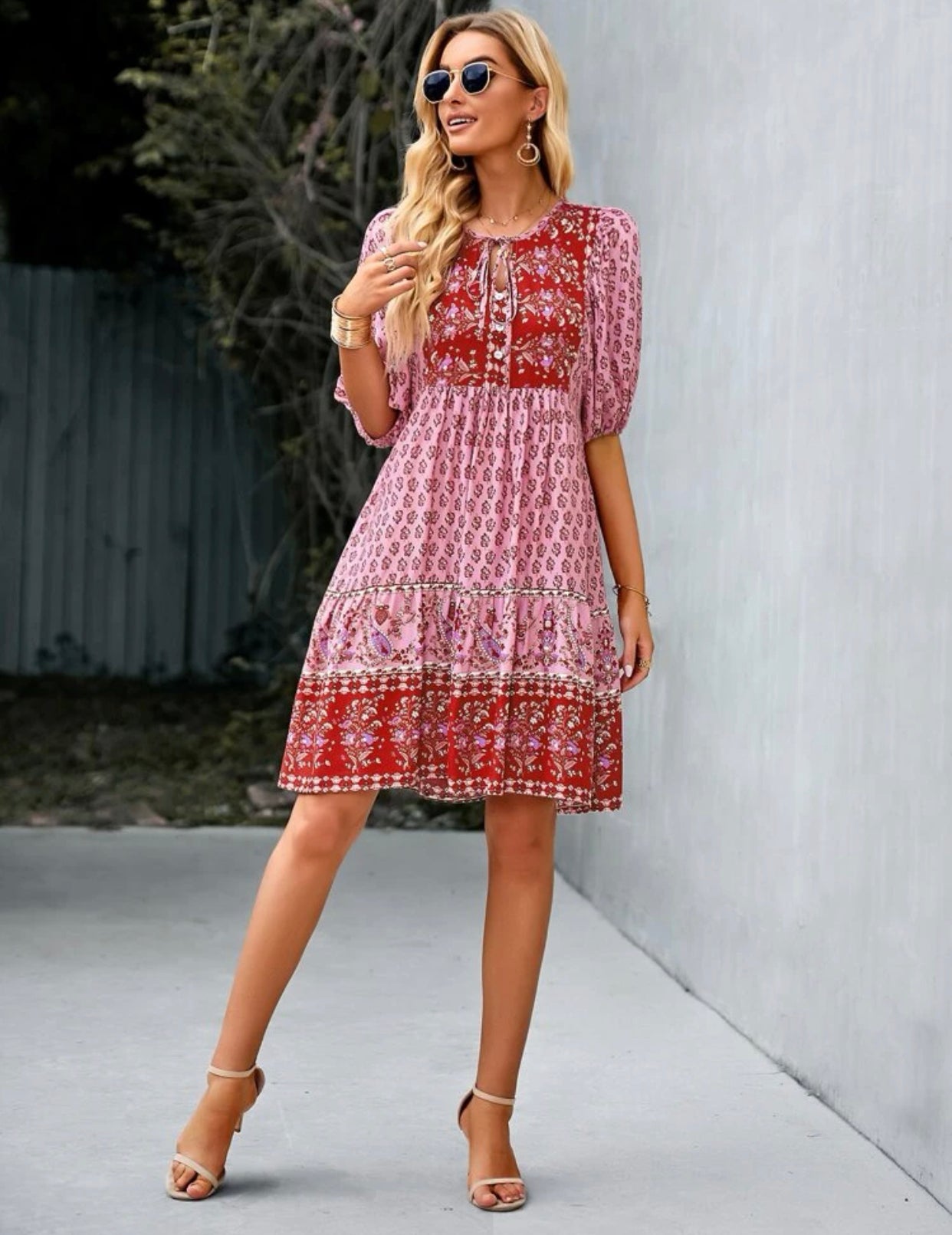 Paisley & floral print tie neck ruffle hem dress