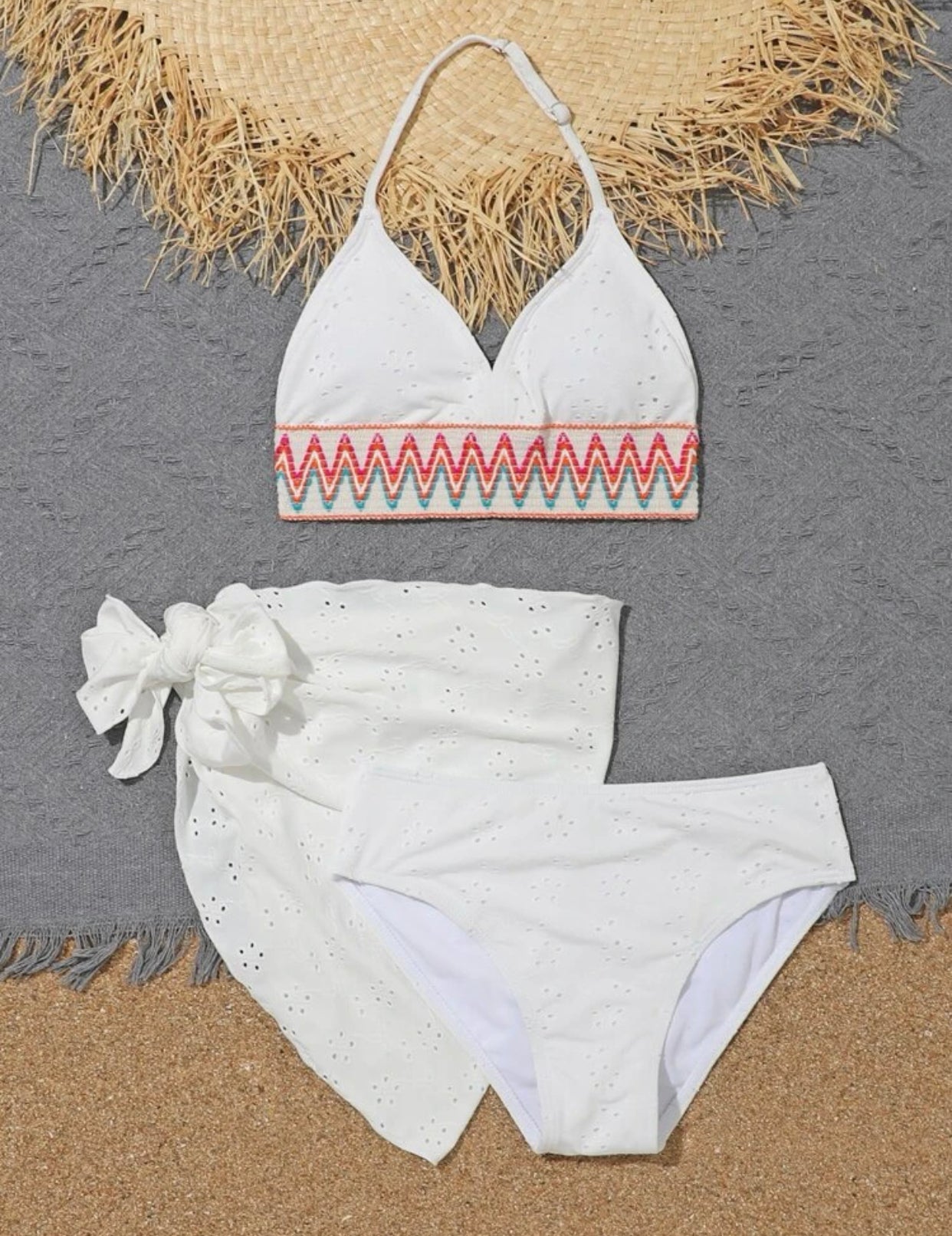 Girls 3 piece chevron print eyelet embroidered halter bikini swimsuit with cover up