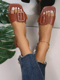 Brown vegan crocodile embossed buckle  decor slide sandals