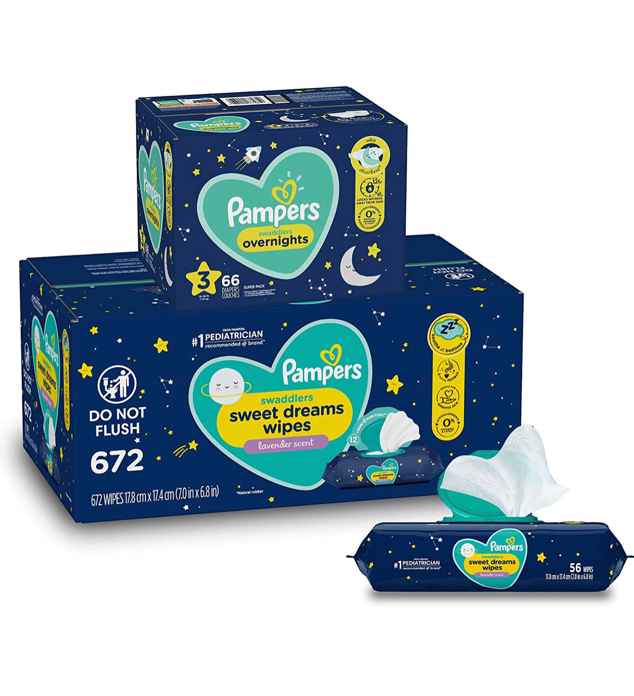 Overnight Diapers Size 3, 66 Count and Baby Wipes - Pampers Swaddlers Overnights Disposable Baby Diapers and Wipes, 12X Pop-Top (672 Count)